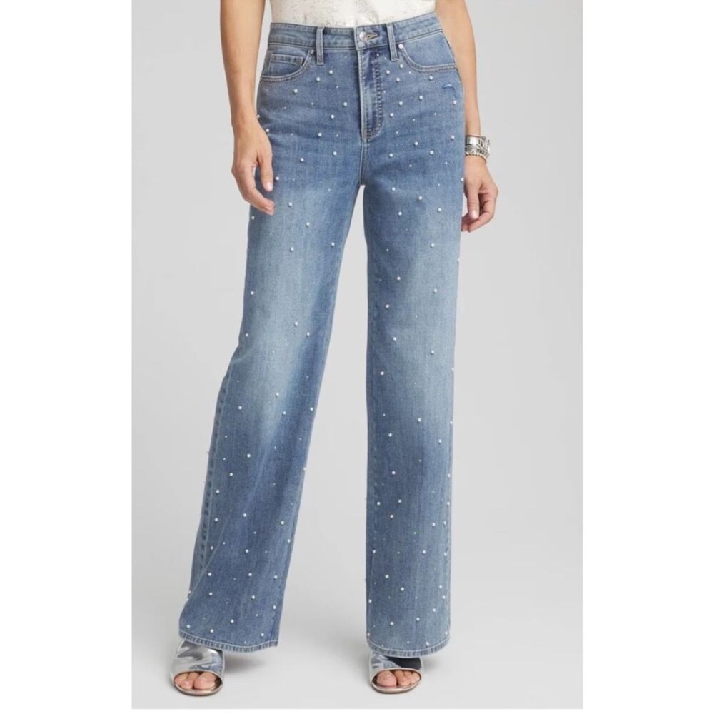 Chico’s So Slimming Pearl Embellished High-Rise Wide Leg Jeans – Size 0.5R or 6